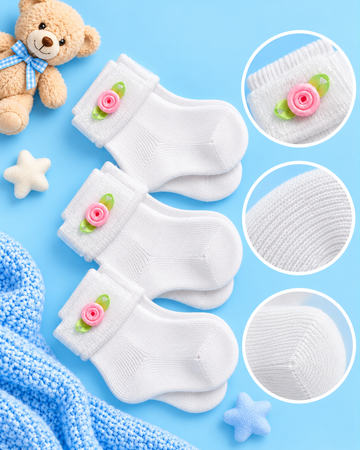 Pack of 3 - White Baby Girl Rose Flower Socks – Soft Knitted Socks | Lune Kidz