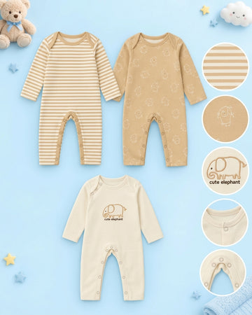 Pack of 3 - Full Sleeves - Sleep Suits - Elephant