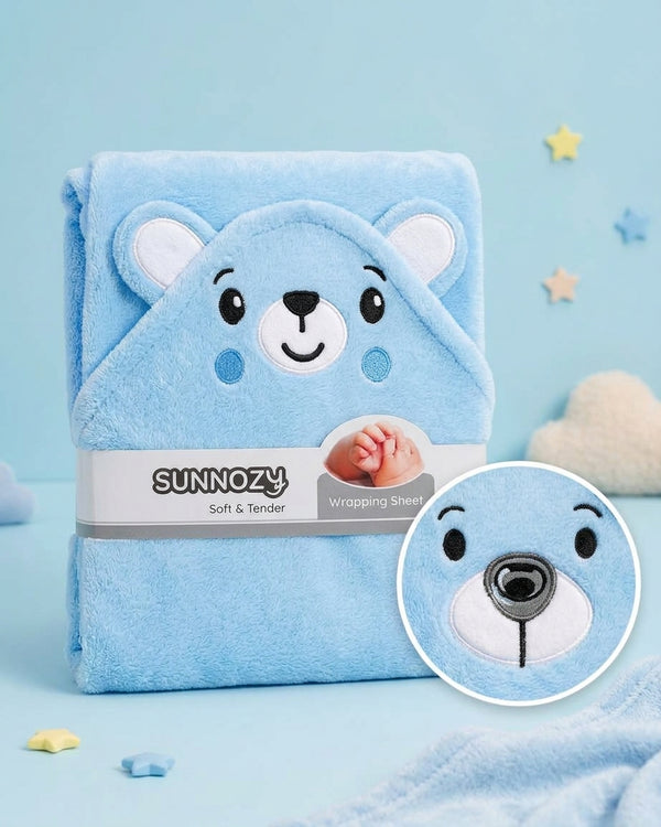 Teddy Bear Hooded Baby Wrapping Sheet - Blue