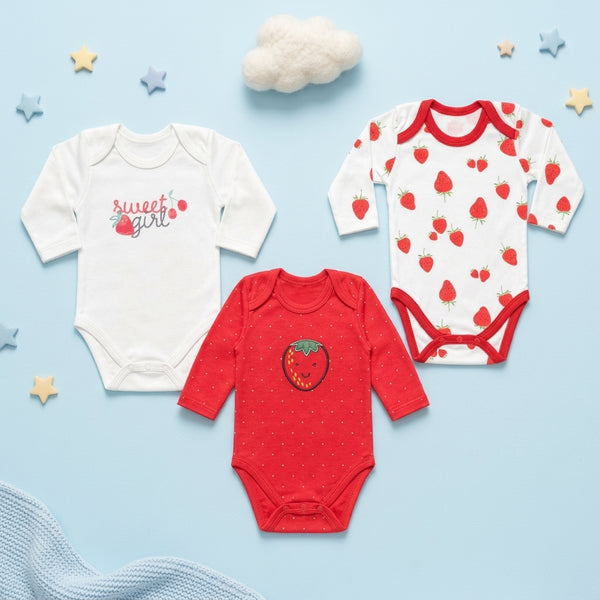 Pack of 3 Full Sleeve Bodysuits - Strawberry - 007