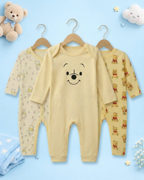 Pack of 3 - Full Sleeves - Sleep Suits - Yellow poo