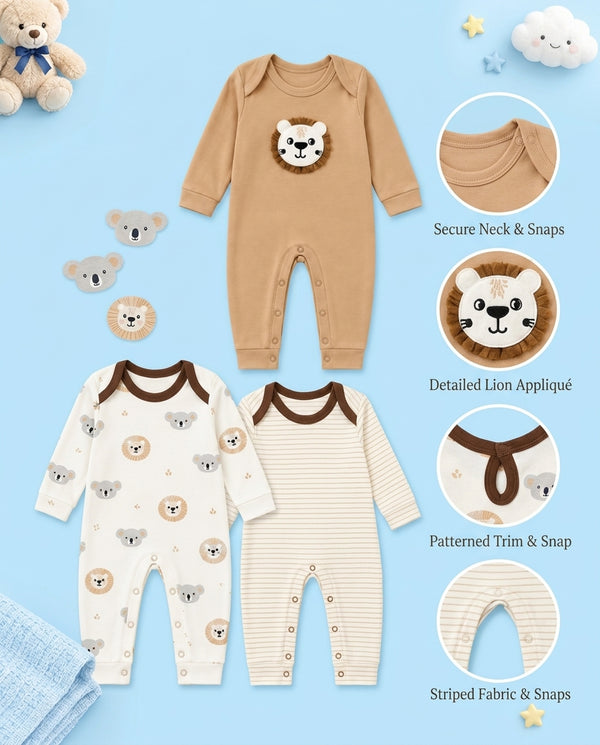 Pack of 3 - Full Sleeves - Sleep Suits - Lion and Koala