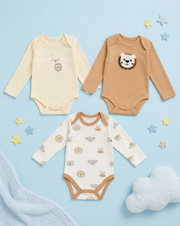 Pack of 3 Full Sleeve Bodysuits - Lion & koala  - 008