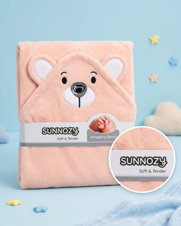 Teddy Bear Hooded Baby Wrapping Sheet - Peach