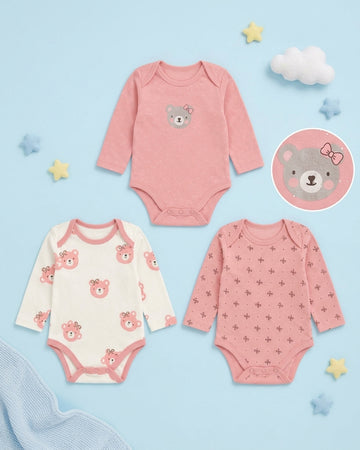 Pack of 3 Full Sleeve Bodysuits - Pink Bear - 011
