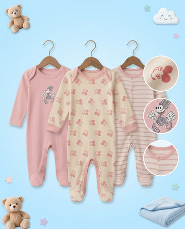 Pack of 3 - Full Sleeves - Footed Sleep Suits - Miney Mouse