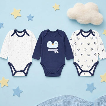Pack of 3 Full Sleeve Bodysuits - Blue Penguin - 002