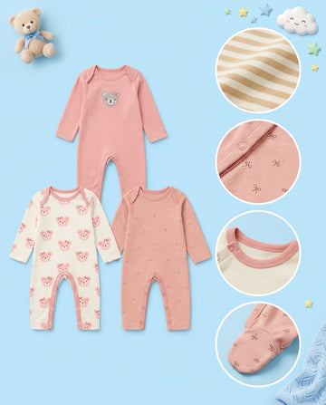 Pack of 3 - Full Sleeves - Sleep Suits - Pink Bear