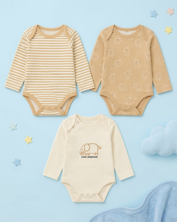 Pack of 3 Full Sleeve Bodysuits - Elephant  - 009