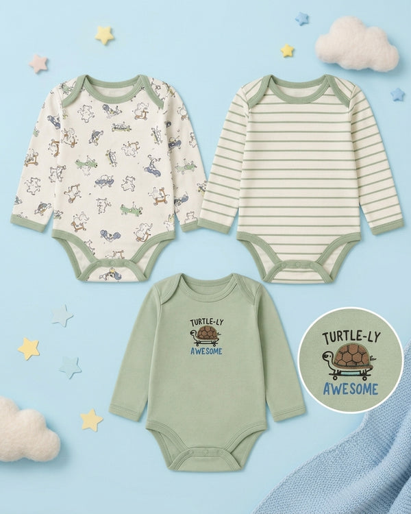 Pack of 3 Full Sleeve Bodysuits - Green Turtle - 010