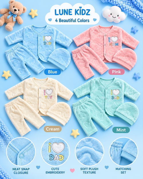 Plush Baby Winter Suit Set with Cap – Blue, Pink, Cream & Mint | Lune Kidz