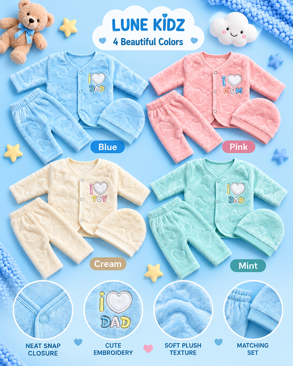 Plush Baby Winter Suit Set with Cap – Blue, Pink, Cream & Mint | Lune Kidz