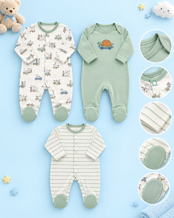 Pack of 3 - Full Sleeves - Footed Sleep Suits - Green Turtle