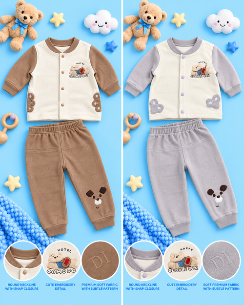 Brown & Cream Teddy Embroidery Baby 2-Piece Suit Set | Lune Kidz