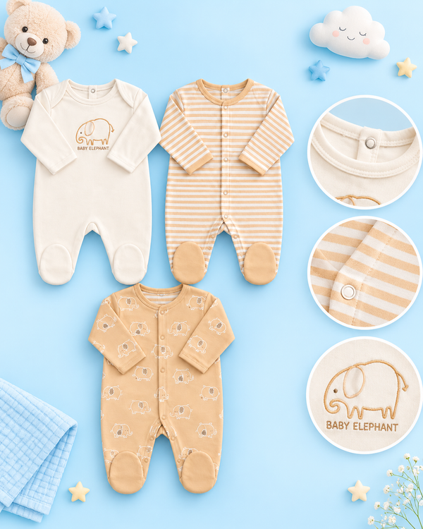 Pack of 3 - Full Sleeves - Footed Sleep Suits - Elephant