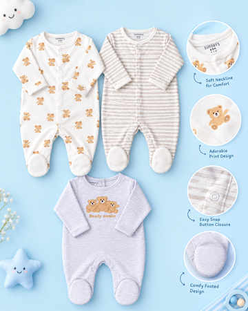 Pack of 3 - Full Sleeves - Footed Sleep Suits - Bearly Bear