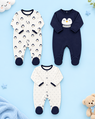 Pack of 3 - Full Sleeves - Footed Sleep Suits - Blue Penguin