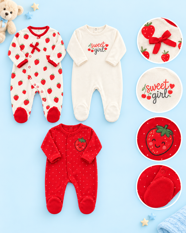 Pack of 3 - Full Sleeves - Footed Sleep Suits - Strawberry