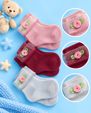 Pack of 3 - Baby Girl Rose Flower Socks – Soft Knit Booties | Lune Kidz