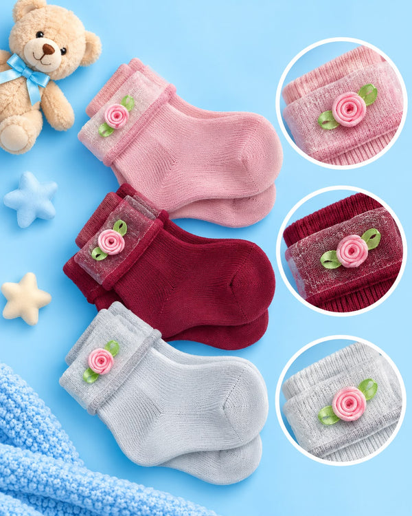 Pack of 3 - Baby Girl Rose Flower Socks – Soft Knit Booties | Lune Kidz