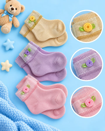 Pack of 3 Baby Girl Rose Flower Socks – Soft Knit Booties | Lune Kidz