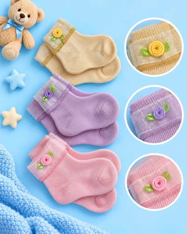 Pack of 3 Baby Girl Rose Flower Socks – Soft Knit Booties | Lune Kidz