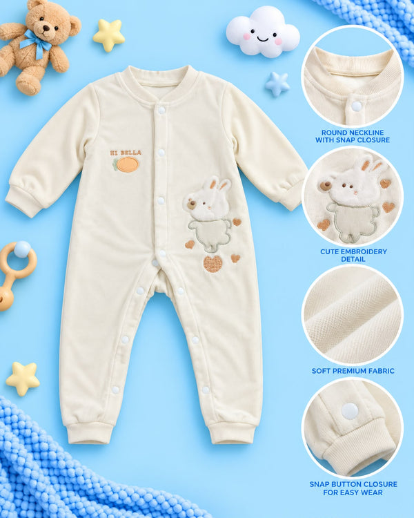 Cream Bunny Embroidery Baby Romper – Soft Cotton Sleepsuit | Lune Kidz