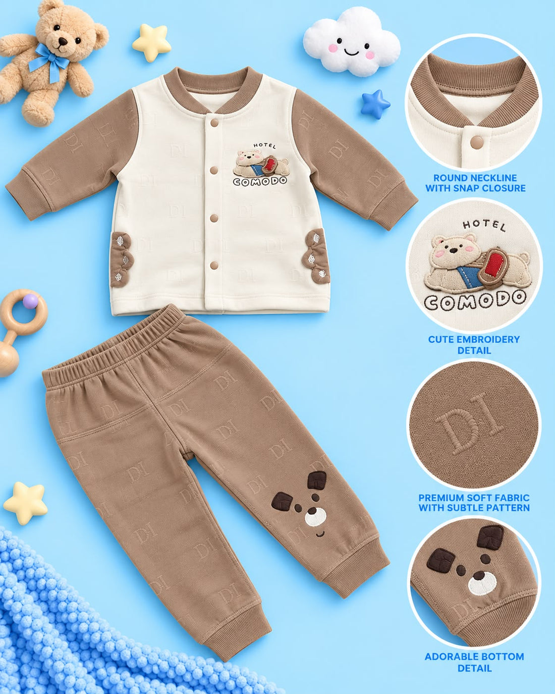 Brown & Cream Teddy Embroidery Baby 2-Piece Suit Set | Lune Kidz