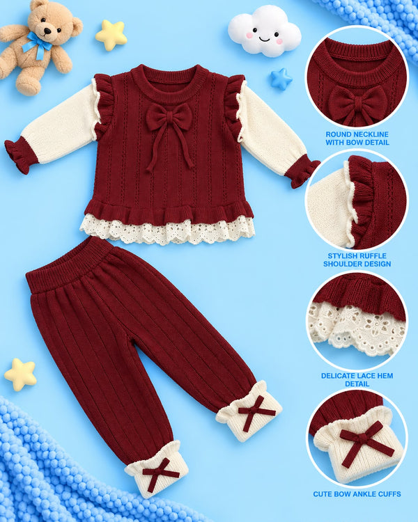 Baby Girl Burgundy Knit 2-Piece Outfit – Bow Sweater & Pants | Lune Kidz