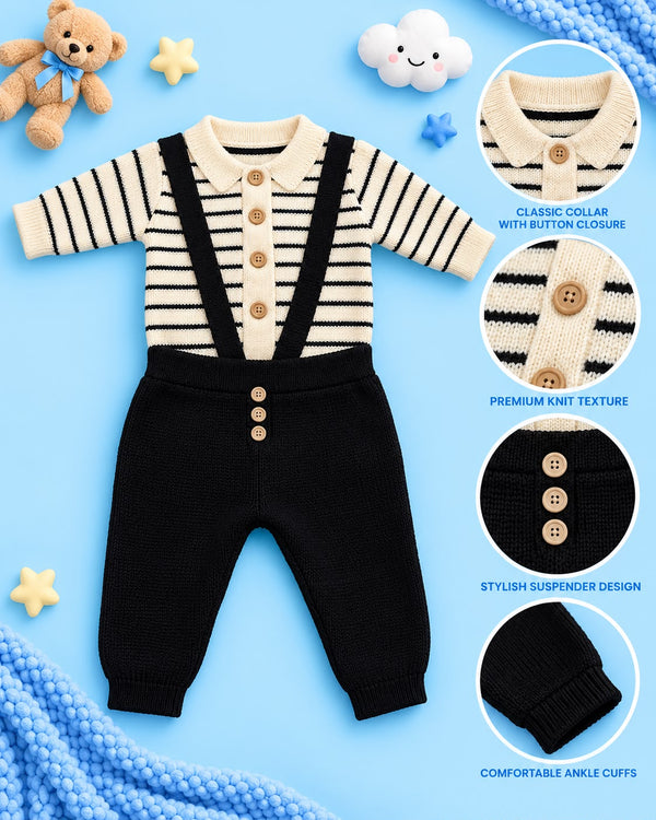 Baby Boy Knitted 2-Piece Outfit – Striped Sweater & Suspender Pants | Lune Kidz