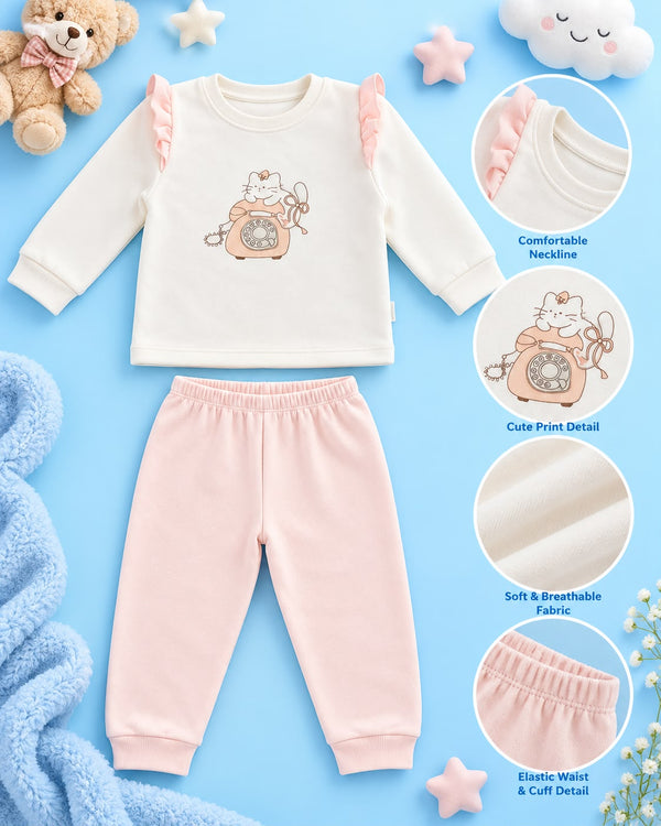 Baby Girl Winter Night Suit – Pink & Cream Cat Print Two-Piece Set